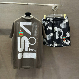  Đồ bộ quần áo nam mùa hè PB cotton in nổi chữ logo hai mặt phối quần lưới in loang thể thao 