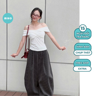 Quần vải kẻ dáng rộng chất vải dày dặn không kèm dây Miho House
