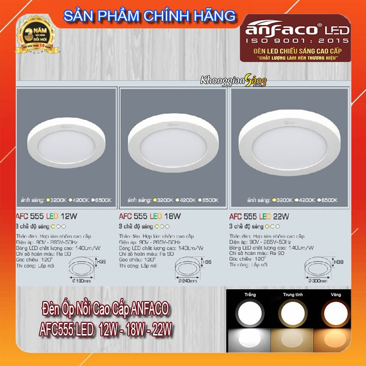 [CHÍNH HÃNG] ĐÈN LED ỐP NỔI CAO CẤP ANFACO VIỀN TRẮNG AFC555 12W - 18W - 22W