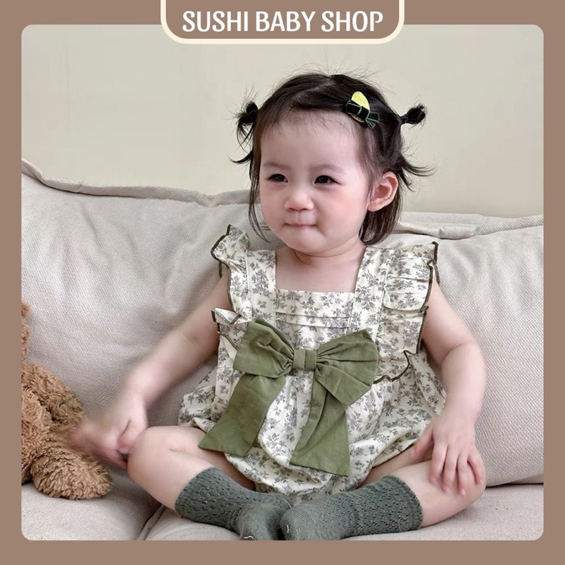 Bodysuit cho bé gái SUSHI BABY SHOP đồ liền thân sơ sinh đính nơ xanh tay bèo hoa xanh váy công chúa