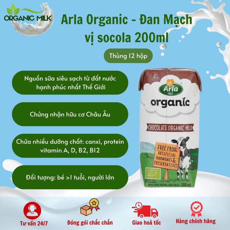 [date 5/26] 12 hộp Sữa Arla organic vị socola 200ml - Sữa tươi hữu cơ vị choco Arla Đan Mạch