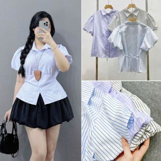 Áo sơ mi kiểu bigsize nữ tay bồng cột dây thắt eo tôn dáng vải kate thái sọc mềm mát tiểu thư thanh lịch -SM189