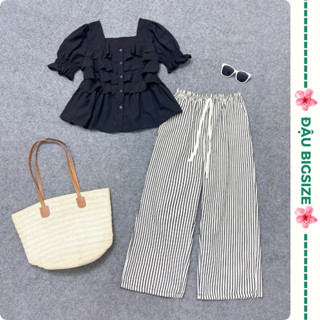 Set đồ bigsize nữ áo kiểu tay ngắn cổ vuông bánh bèo kèm quần dài ống suông kẻ sọc chất mềm mịn lưng thun - SM36+Q534