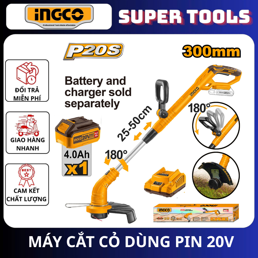 INGCO COMBO Máy cắt cỏ dùng pin 20V ( KÈM PIN 4.0AH +SẠC) CGTLI20018 <HÀNG CHÍNH HÃNG>