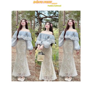 Set thiết kế, set đi biển, váy Ren hoa đuôi cá 2 lớp, áo Voan phối ren trễ vai đính phụ kiện hoa trà