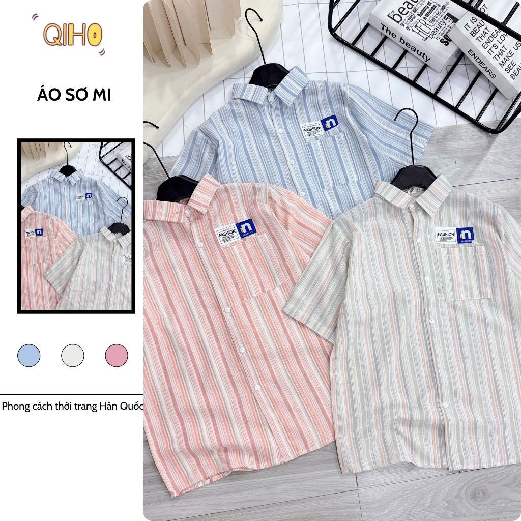 Áo sơ mi kẻ nữ, áo sơ mi cộc tay nữ phong cách Hàn Quốc Qiho store A27