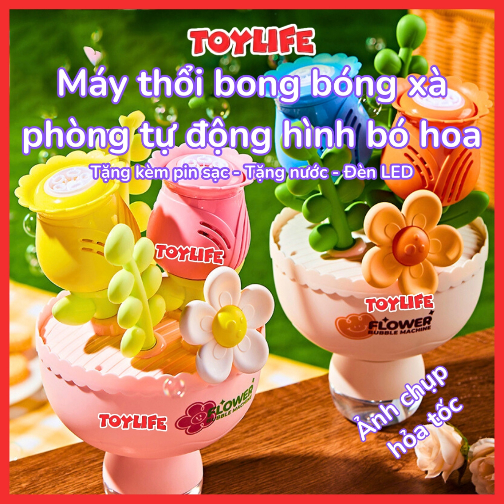 Máy thổi bong bóng xà phòng tự động hình bó hoa tặng kèm pin bông hoa phun bong bóng máy bắn bong bóng có đèn TOYLIFE