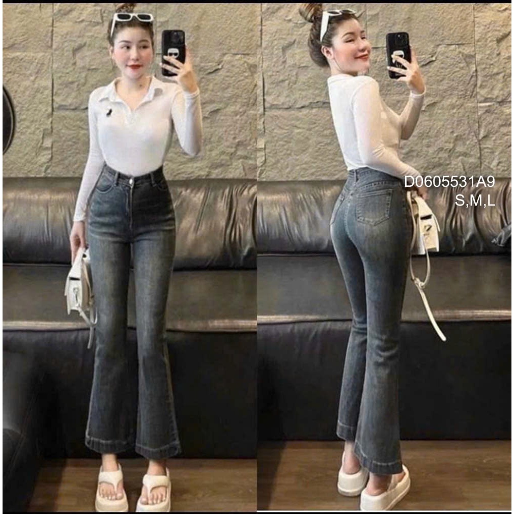 Quần jean lưng cao ống loe lỡ trơn tôn dáng TOMBI SHOP