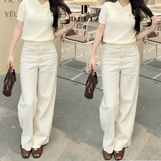 Quần jean nữ ống rộng cạp cao màu trắng trơn dáng suông chất bò cao cấp dày dặn J411 DELIZ