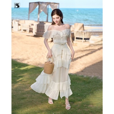 Đầm đi biển maxi Twentyfive dáng dài trễ vai điệu đà chất liệu voan tơ xẻ trước DL66