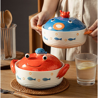 Tô ăn mì, bát sứ úp mì hình Cua Mực có nắp sứ là giá đỡ điện thoại phong cách sáng tạo