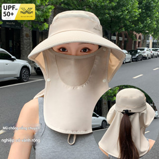 Mũ Nón Chống Nắng Nữ UPF50+ Vành Rộng, Kèm Khẩu Trang & Khăn Che Mặt Thoáng Khí, Bảo Vệ UV Toàn Diện