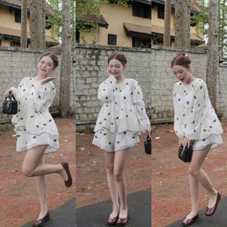 P195 - Set babydoll voan hoa nhí viền bèo đen tay dài bồng phối quần short