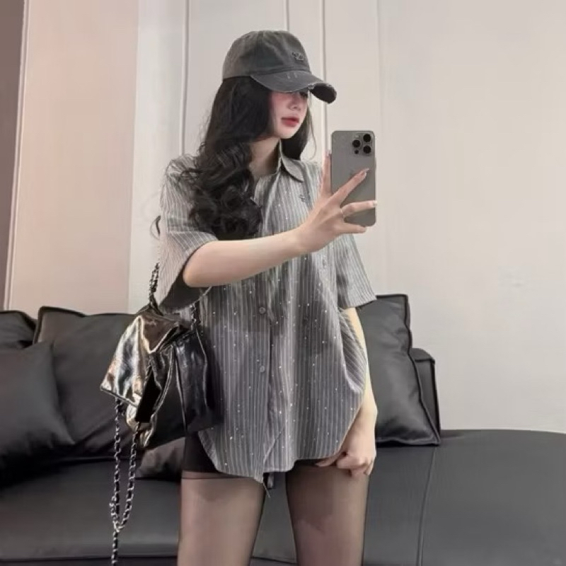 HV - Áo sơ mi cánh tiên bánh bèo, sơ mi kẻ đính đá cộc tay | BigBuy360 - bigbuy360.vn