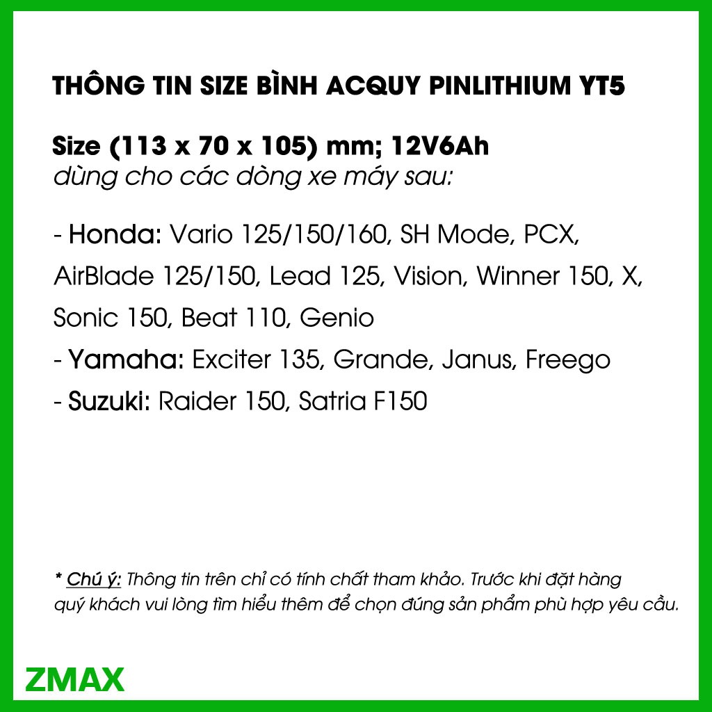 Pin lithium LiFePO4 dùng cho xe máy 12V 6Ah, Size YT5