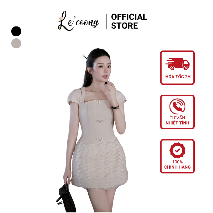 Váy Đẹp Dáng Ngắn Hai Màu Be Đen LECOONG V778 Đầm Thiết Kế Xếp Tầng