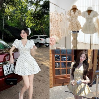 (HÀNG SẴN) Đầm hoa 1 màu dáng ngắn phối chân váy dập li xoè