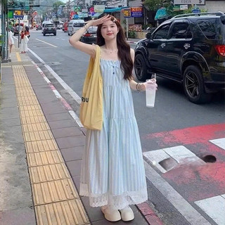 Đầm váy nữ nàng thơ form babydoll, đầm 2 dây họa tiết kẻ sọc cài nút dáng dài xòe form rộng cài nút phối lai viền ren