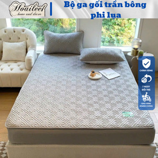 (Đệm 20cm) Bộ Ga Trải Giường Trần Bông+2 Vỏ Gối Đầu Phi Lụa Bo Chun Bọc Đệm Trần Bông Dày Dặn