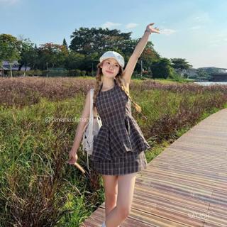 (PB.HAVANA) Set áo yếm ORLA dáng xòe kèm chân váy caro chữ A SAT358