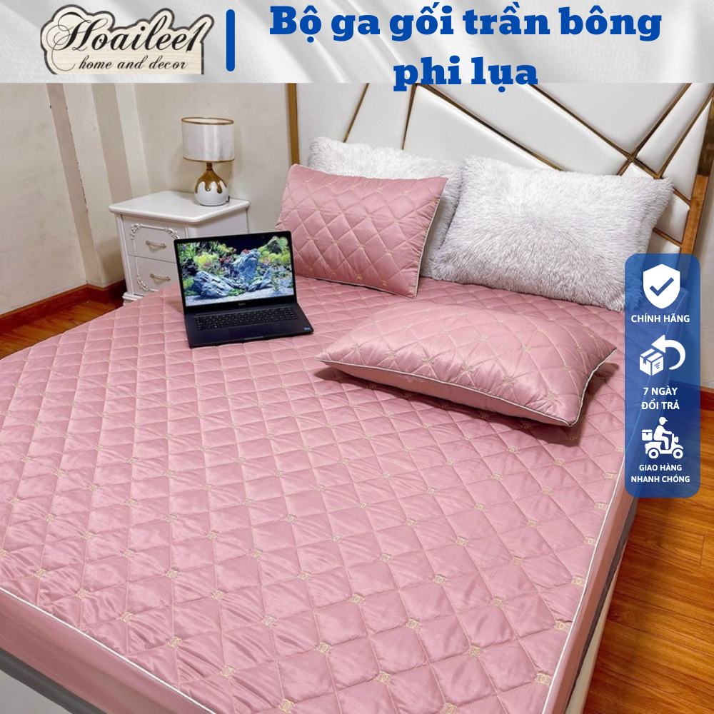 Bộ ga gối trần bông phi lụa 3 món ga chun ga trải giường cao cấp bô 1 mầu nhiều kích thước kèm 2 vỏ 