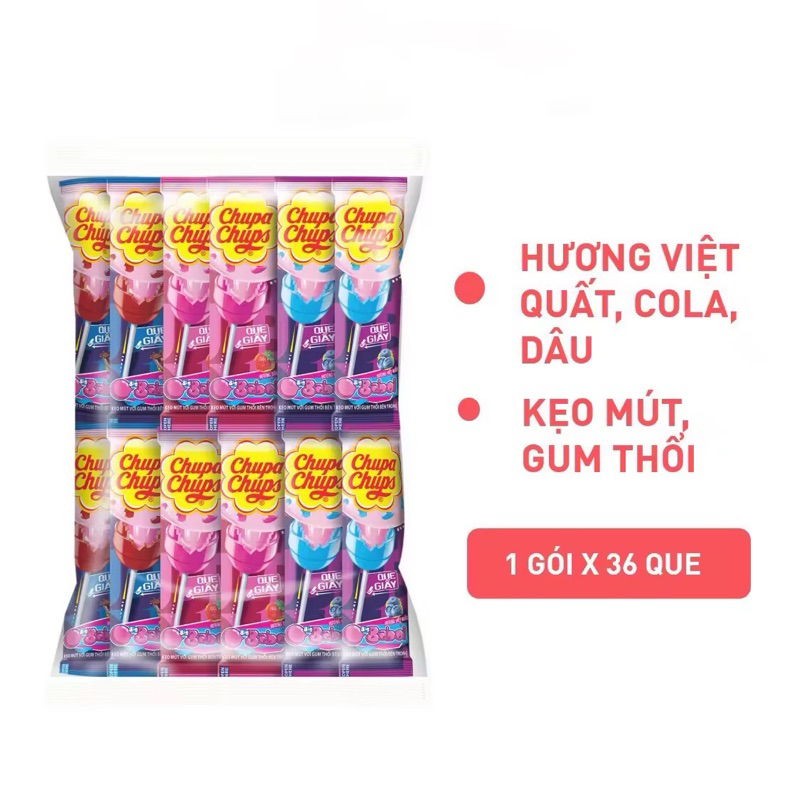 [Siêu Rẻ] Kẹo Chupa Chups Big Babol Việt Quất, Dâu, Cola nhân gum thổi 432g - Gói 36 que