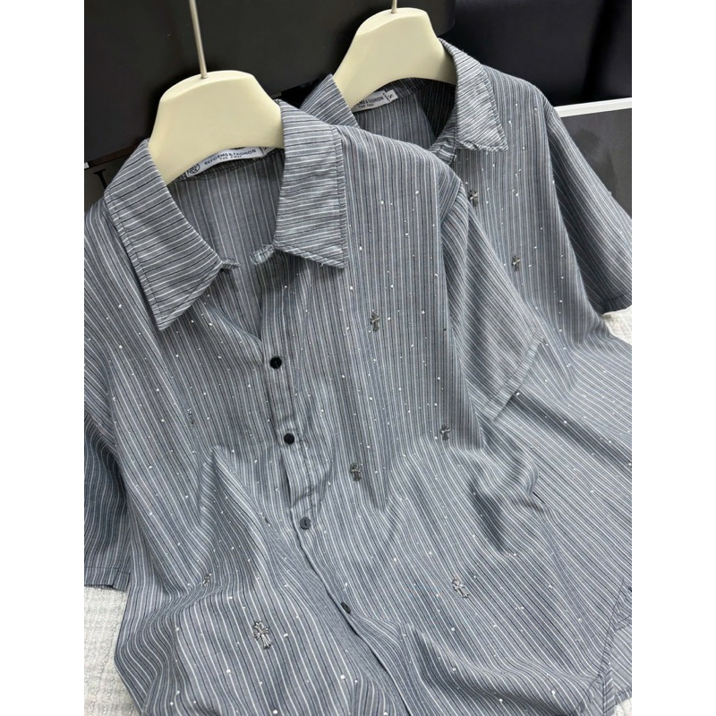 HV - Áo sơ mi cánh tiên bánh bèo, sơ mi kẻ đính đá cộc tay | BigBuy360 - bigbuy360.vn