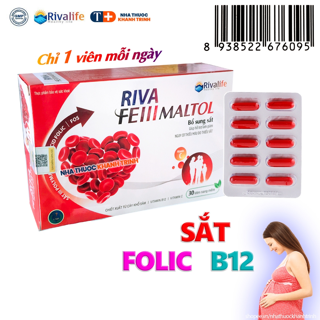 (30 viên) Bổ máu Riva Fe III Maltol (Sắt 3, Acid Folic, B12) - bổ sung sắt, không gây táo bón