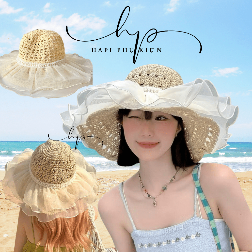 Mũ Cói Đi Biển Phối Voan Nơ Xinh, Mũ Đi Biển Nữ Xinh Nơ Bèo Sang Chảnh, Nón Cói Nữ