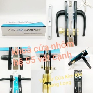 khoá cửa nhôm hệ nhôm 55 vát cạnh màu đen màu trắng  đủ bộ cả ốc vít
