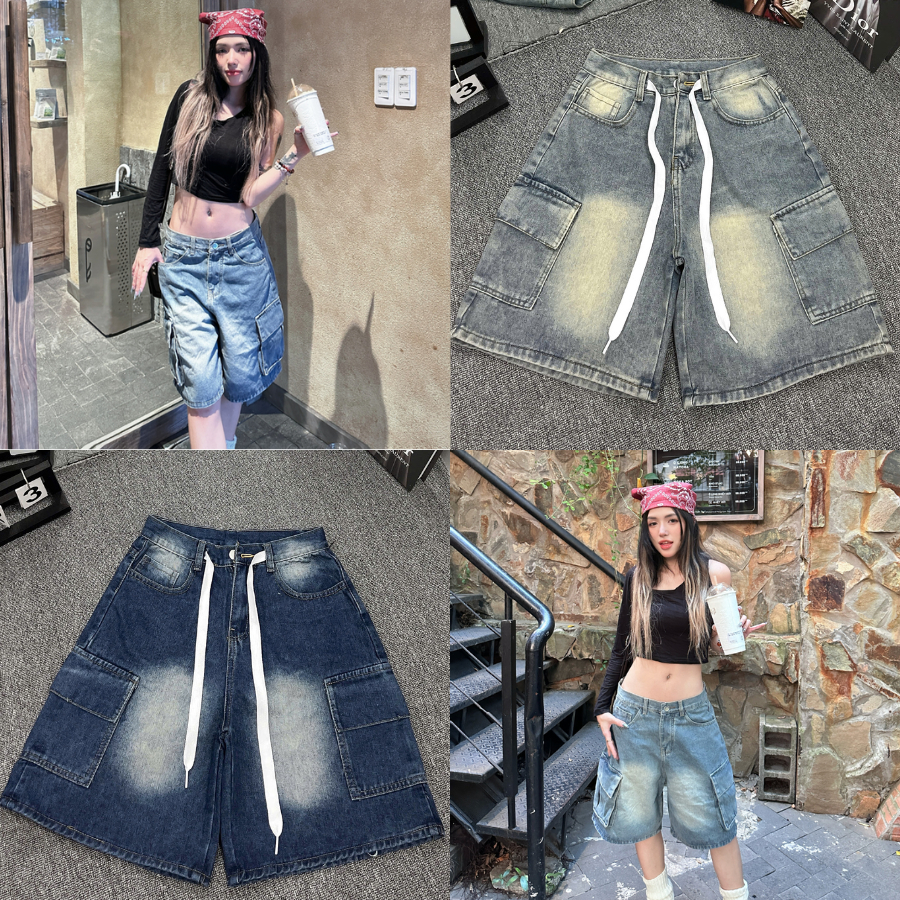 Quần short jean baggy TÚI HỘP form unisex cạp thấp - GAVER