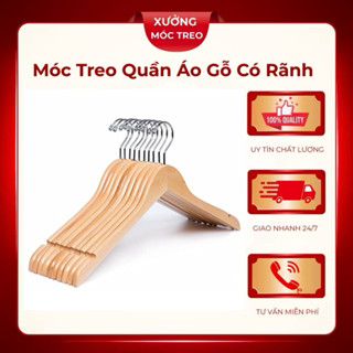 Combo 10 móc treo quần áo gỗ, móc gỗ treo quần áo không thanh ngang có rãnh đủ màu