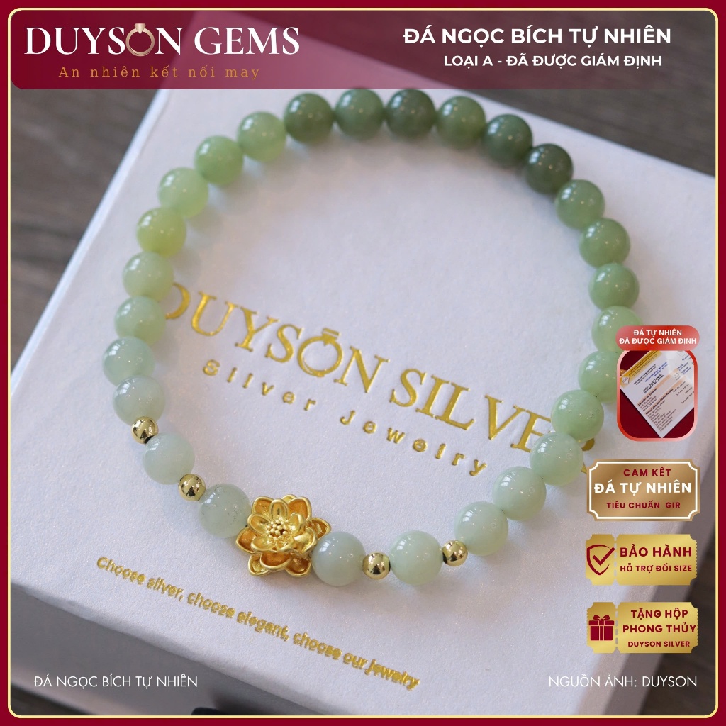 Vòng tay Duyson Gems chuỗi ngọc bích Hòa Điền Ombre mix charm hoa sen mạ vàng 18k LTPT19