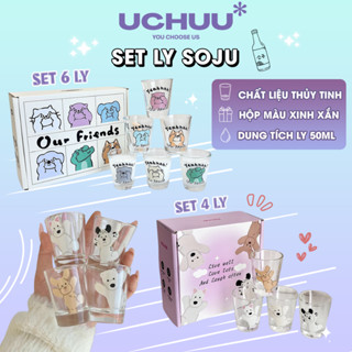 Set Ly Thủy Tinh Soju UCHUU Ly 50ml Cốc Uống Rượu Trái Cây, Hộp Quà Tặng Bộ Ly Động Vật Dễ Thương