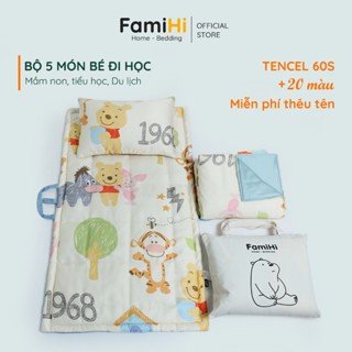 Bộ chăn nệm gối Lụa Tencel 60s cho bé đi học mầm non tiểu học FamiHi cao cấp, mền trẻ em dễ thương.