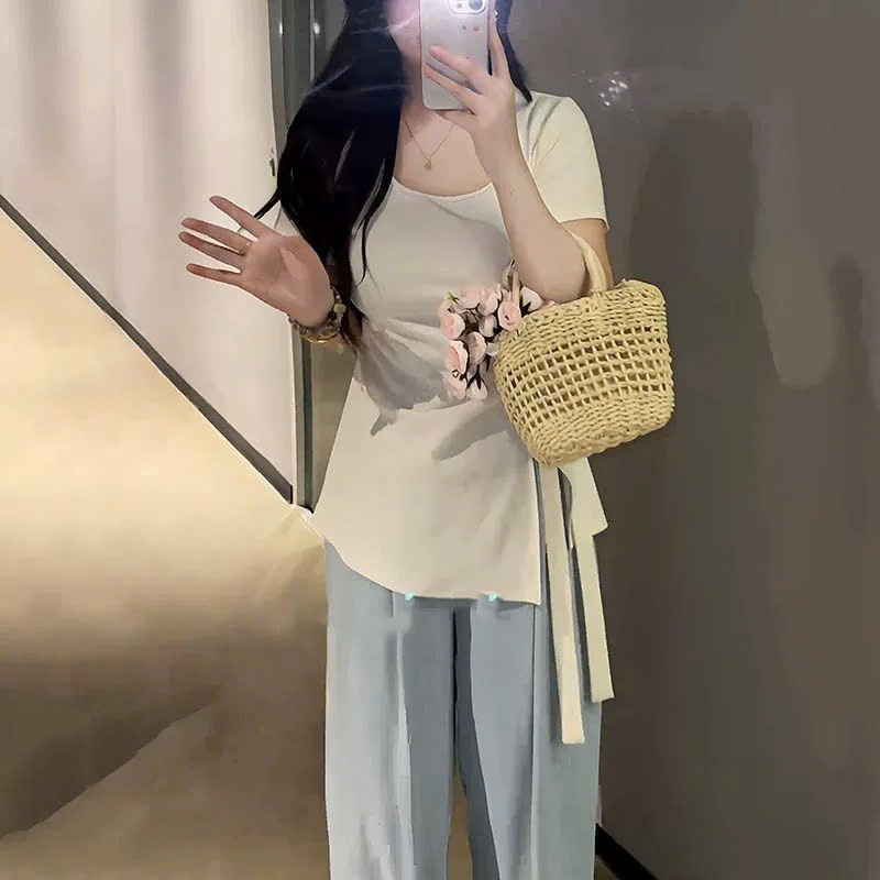 Áo Cổ Vuông Xẻ Tà Dây Buộc, Áo Thun Tay Ngắn Màu Sắc Trơn Mềm Mịn, Co Giãn Mặc Cực Êm Quyến Rũ | BigBuy360 - bigbuy360.vn