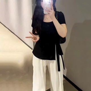 Áo Cổ Vuông Xẻ Tà Dây Buộc, Áo Thun Tay Ngắn Màu Sắc Trơn Mềm Mịn, Co Giãn Mặc Cực Êm Quyến Rũ