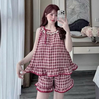 Sét Bộ Kẻ Nữ Có sz To(40-->90kg) Áo Cộc Yếm ba lỗ phối Quần Đùi Kẻ Đũi  mặc hàng ngày