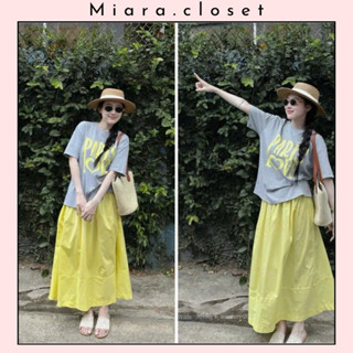 Set Đồ Nữ Cá Tính Áo Phông Paris Mix Váy Dài Xòe Màu Vàng Miara Closet