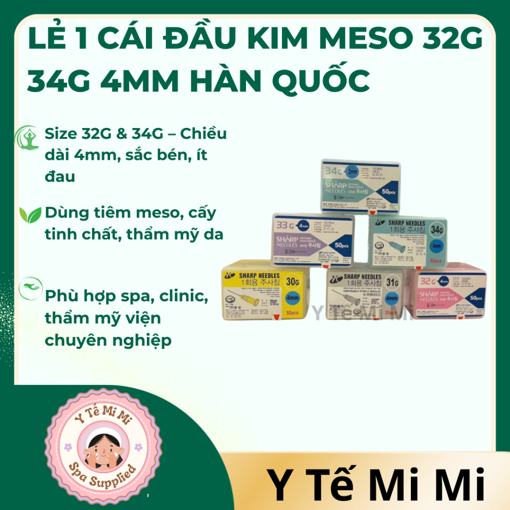 Hộp 50 Đầu kim SHARP tiêm meso 32G 34G size 4mm Hàn Quốc - Nguyên hộp 50 cây tiêm meso 34g4mm và kim