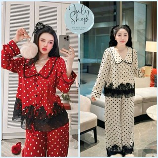 Đồ Ngủ Nữ, Đồ Bộ Mặc Nhà JULY Họa Tiết Chấm Bi Phối Ren Gợn Tiểu Thư Cổ Sen Viền Chất Lụa Latin Mềm Mịn Freesize