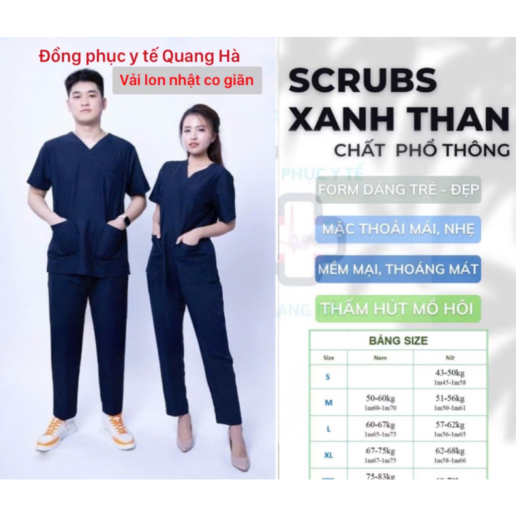 Bộ Scrubs Màu Xanh Than lon nhật - bác sĩ, blouse cổ tim, đồng phục điều dưỡng, spa, thẩm mỹ viện, dược sĩ .