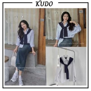 Áo sơ mi nữ kẻ sọc freesize kiểu Hàn, kèm khăn rời dễ phối đồ, Áo kiểu nữ tay dài basic chất thô mềm thoáng mát KUDOSHOP