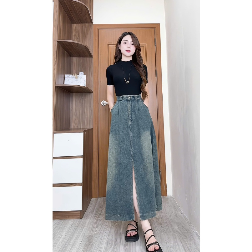 [SHOPEE TRỢ GIÁ] Chân váy jeans SARAMIA, chân váy bò nữ xanh đen dáng xòe dài cạp lưng cao chất không co giãn V18 | BigBuy360 - bigbuy360.vn