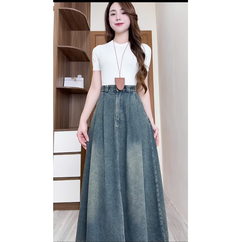 [SHOPEE TRỢ GIÁ] Chân váy jeans SARAMIA, chân váy bò nữ xanh đen dáng xòe dài cạp lưng cao chất không co giãn V18 | BigBuy360 - bigbuy360.vn