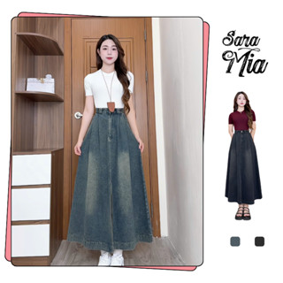 Chân váy jeans bò nữ dáng xòe dài cạp lưng cao chất không co giãn phong cách Hàn Quốc Saramia V18