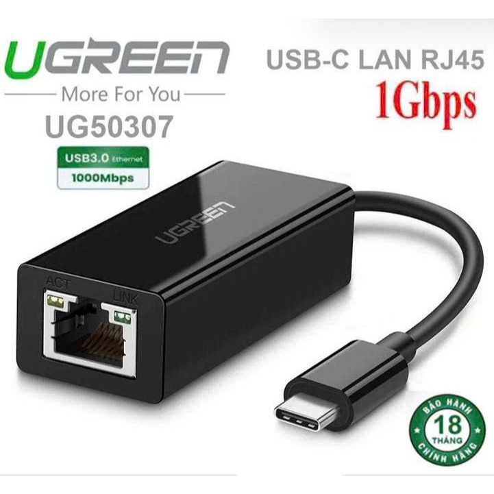 Cáp chuyển USB C to LAN Ugreen 50307 US236 (tốc độ lan 1Gbps, đèn led)