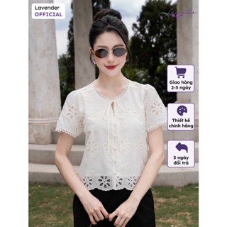 Áo sơ mi công sở nữ LAVENDER vải tơ thêu 2 lớp thiết kế cổ tròn dây nơ xinh xắn tay cộc 2 màu cực xinh A4165