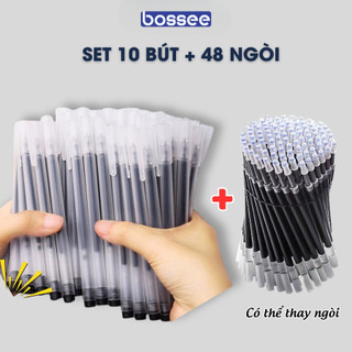  COMBO 10 Bút Gel 0.5mm + 48 Ngòi Bút Bi Nước Vỏ Nhám Mực Xanh Đen Đỏ Thay Thế Ngòi Tiết Kiệm 