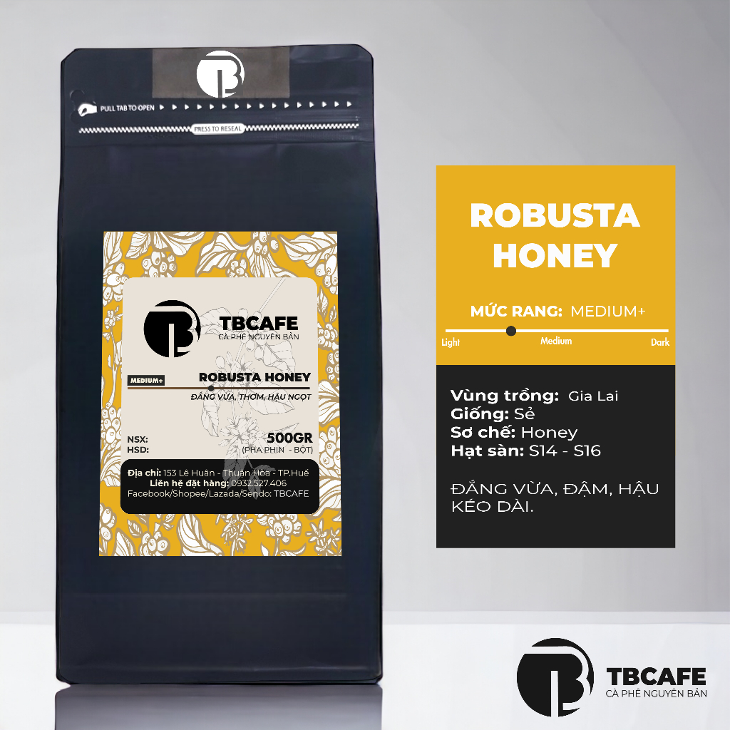 Cà phê Robusta Honey [500g/ 1 túi] - 100% Cà phê mộc rang xay nguyên chất - TBCAFE